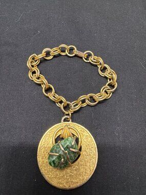 Vintage B.S.K. Gold-Tone Bracelet With Ornate Green Stone Medallion Accent - Uni